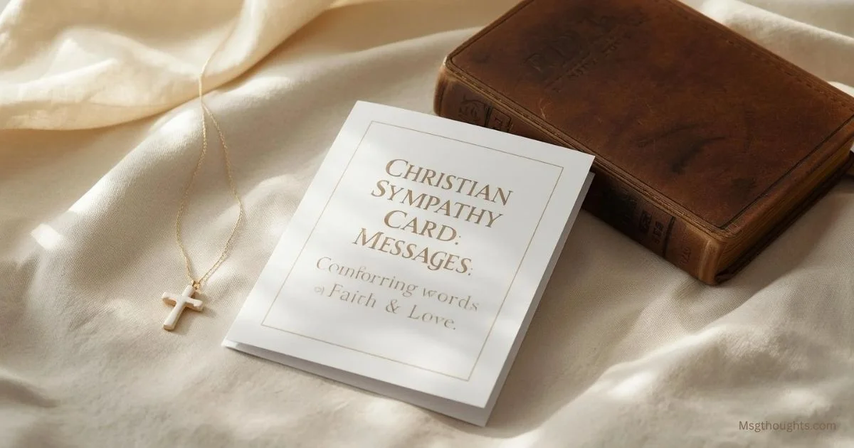 Open Christian sympathy card Messages with Bible and white cross, symbolizing faith, comfort, and love in times of loss.