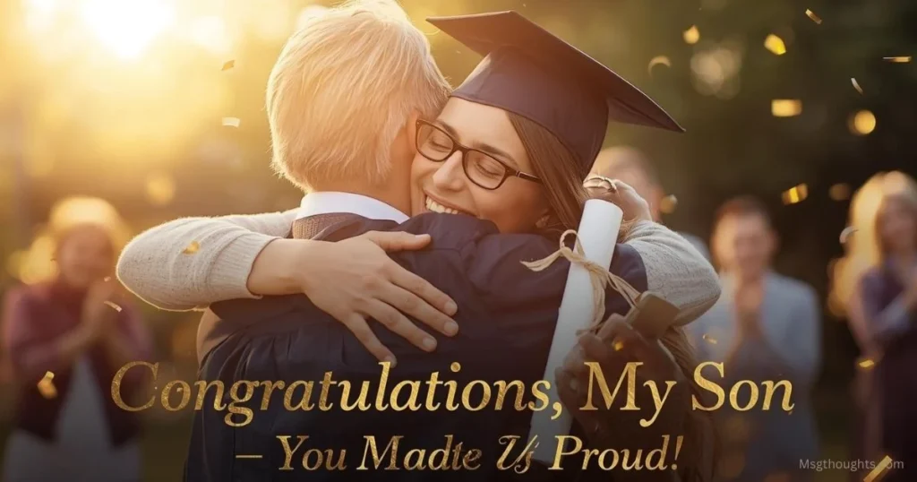 Proud parents hugging son, Congratulation Message for My Son Graduation 2025.