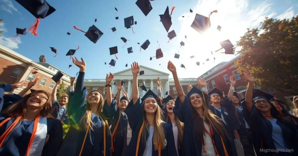 Proud student with diploma outside university, Congratulations Message for Graduate 2025.