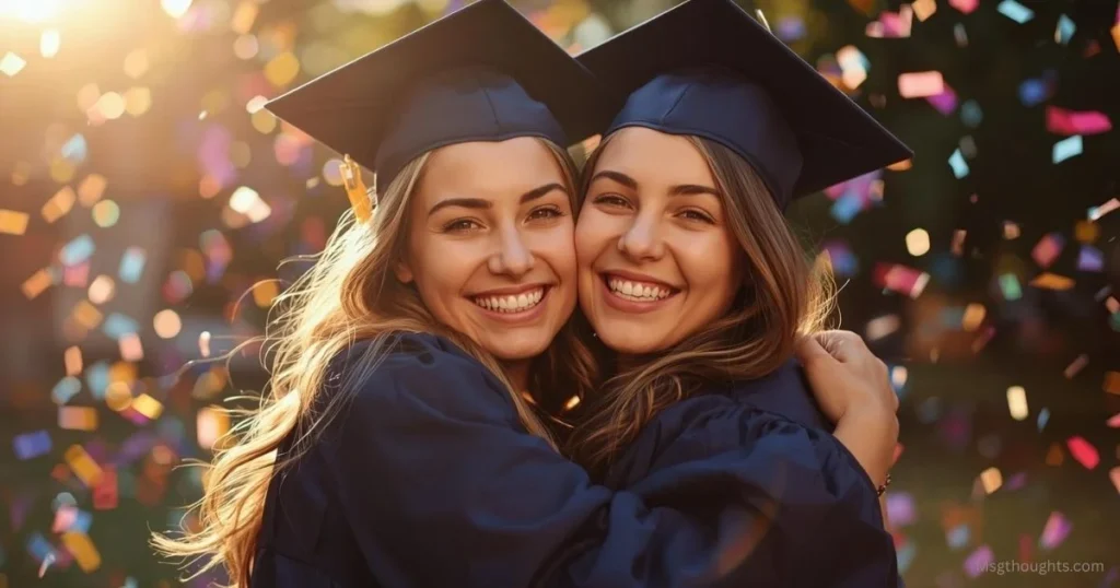 Best friends celebrating graduation with hugs and smiles, Congratulations Message for Graduation for Best Friend 2025.