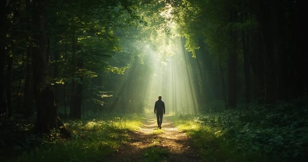 Person walking through a sunlit forest path with golden rays of light symbolizing healing, hope, and self-discovery after heartbreak inspirational heart broken me,ssage imagery.