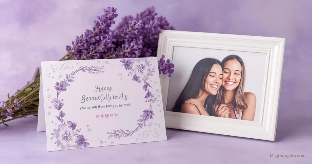 Sympathy card with lavender flowers expressing loss of sister.