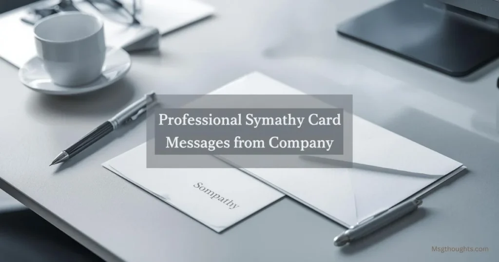Sympathy card from company on office desk showing professional condolences.