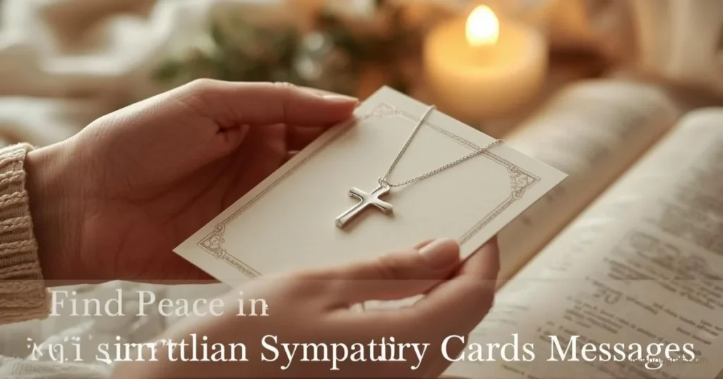 Handwritten Christian sympathy card with gentle sunlight and cross pendant, showing words of faith and comfort.