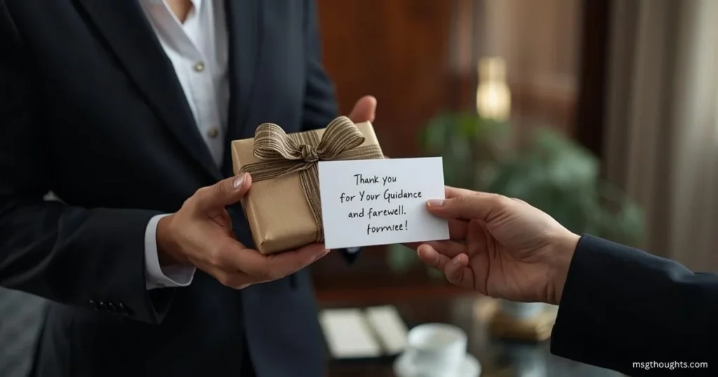 Employee giving farewell card and gift to boss as appreciation for leadership