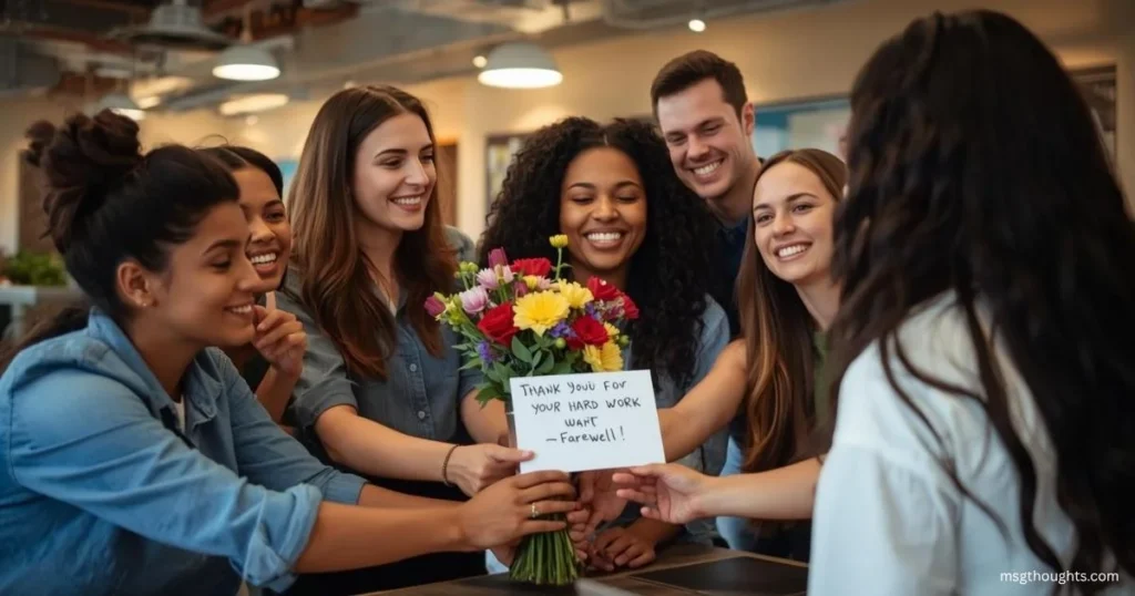 Team giving farewell card and bouquet to departing employee in office
