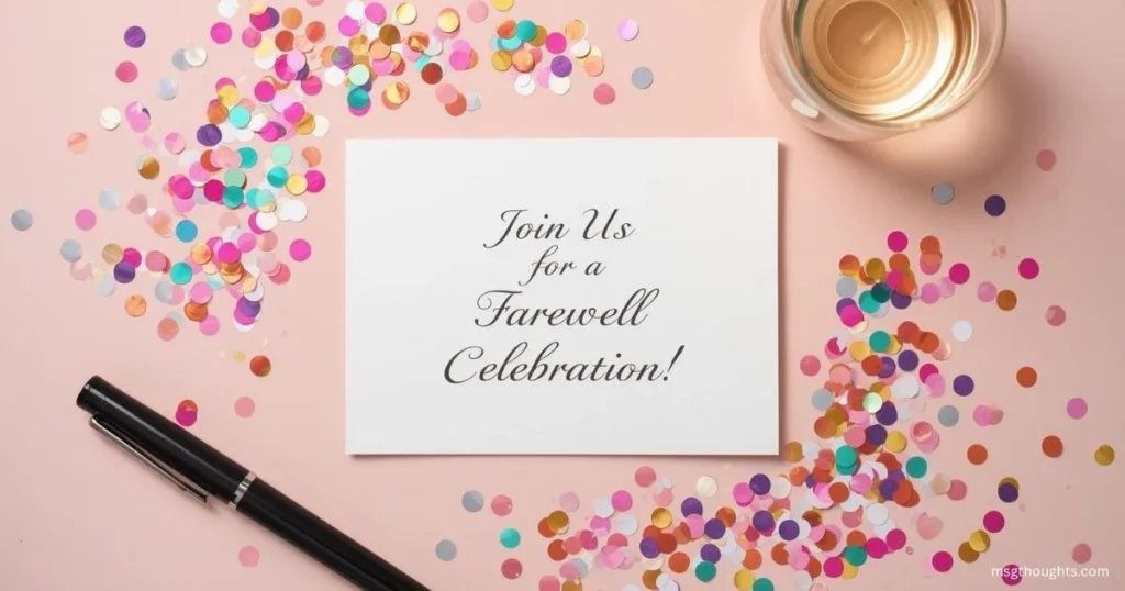 Farewell party invitation card with confetti and champagne for goodbye event