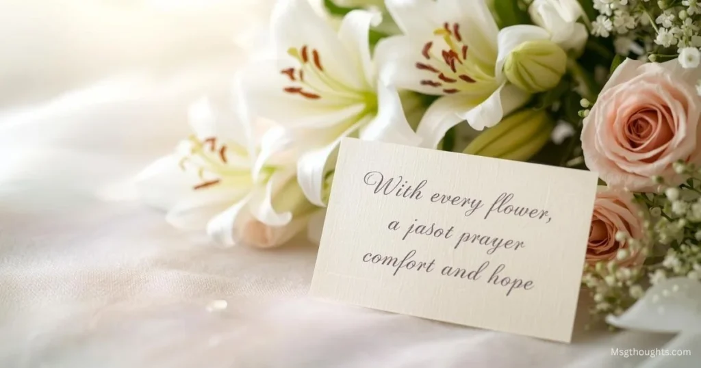 White lilies and sympathy card with comforting floral message