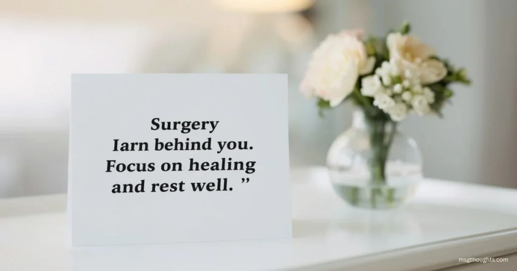 Get well soon message after surgery card with text surgery is behind you focus on healing and rest well