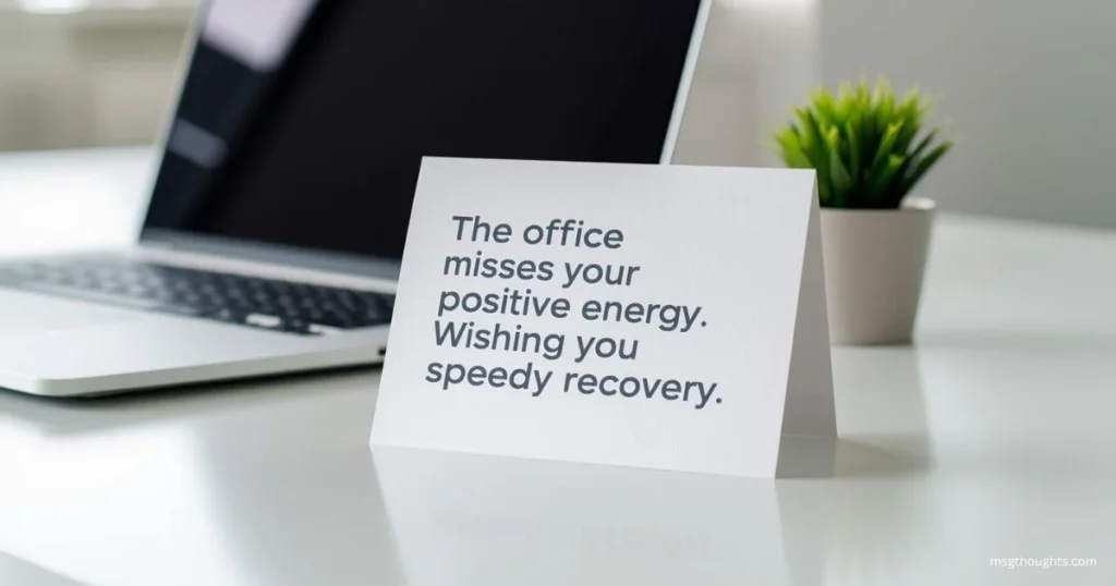 Professional get well soon message for coworker on office desk with text the office misses your positive energy