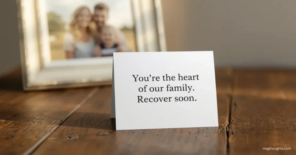 Heartfelt get well soon message for family member card reading you are the heart of our family recover soon
