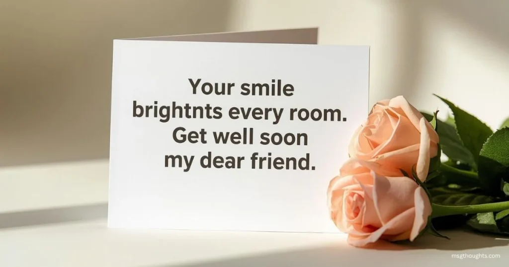 Get well soon message card for friend with text your smile brightens every room wishing speedy recovery with pink roses