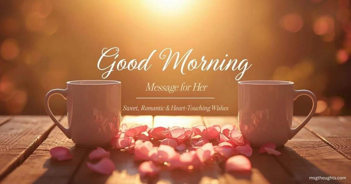 Romantic good morning message for her with sunrise, coffee, and roses
