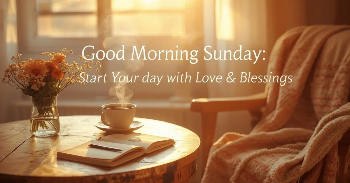 Beautiful good morning Sunday scene with coffee, flowers, and sunrise light creating a peaceful morning atmosphere