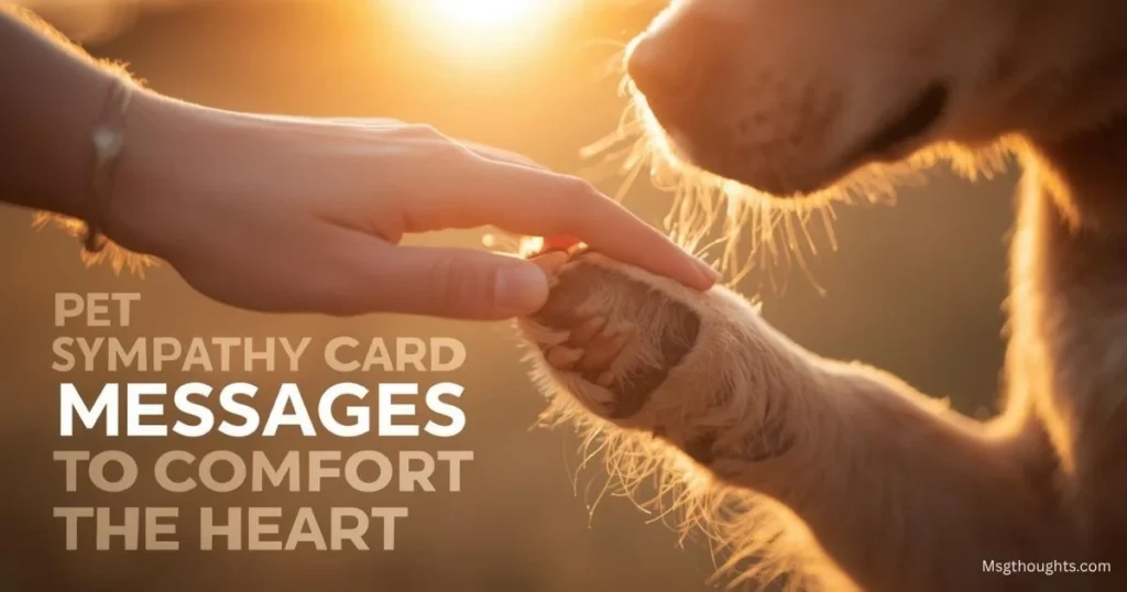 Dog paw and hand, heartfelt pet sympathy card message expressing love and loss.