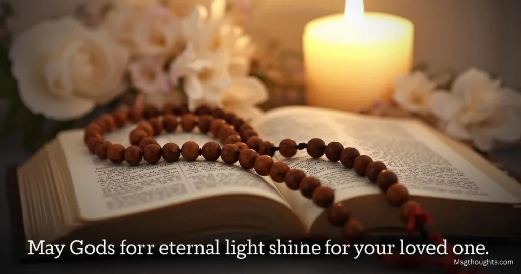 Bible and rosary on table — spiritual sympathy card message about faith