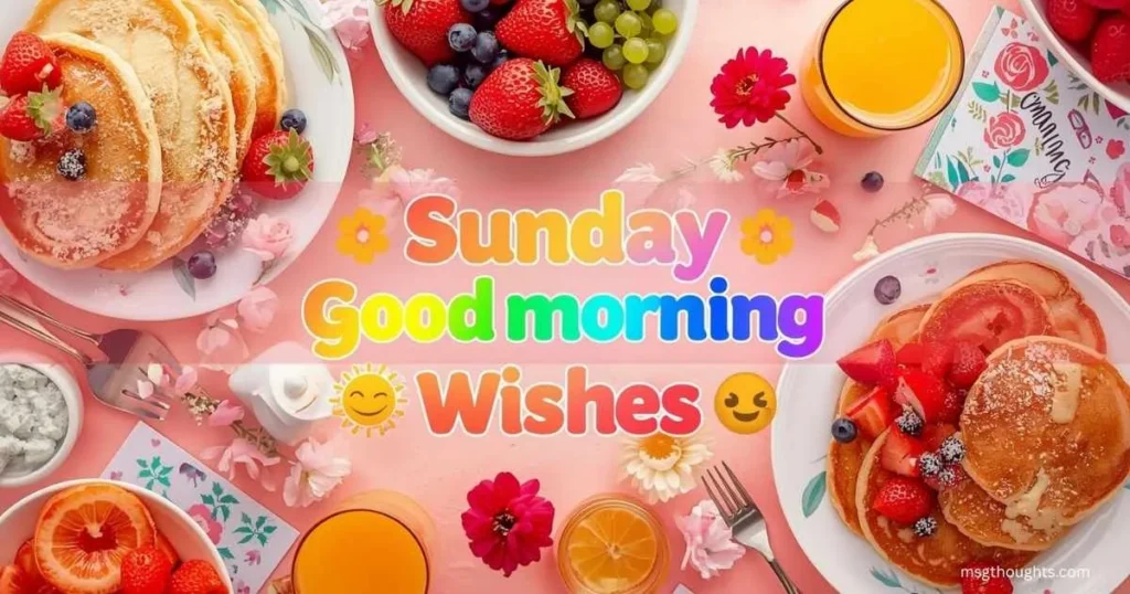 Colorful Sunday morning wishes display with breakfast, flowers, and cheerful decorations