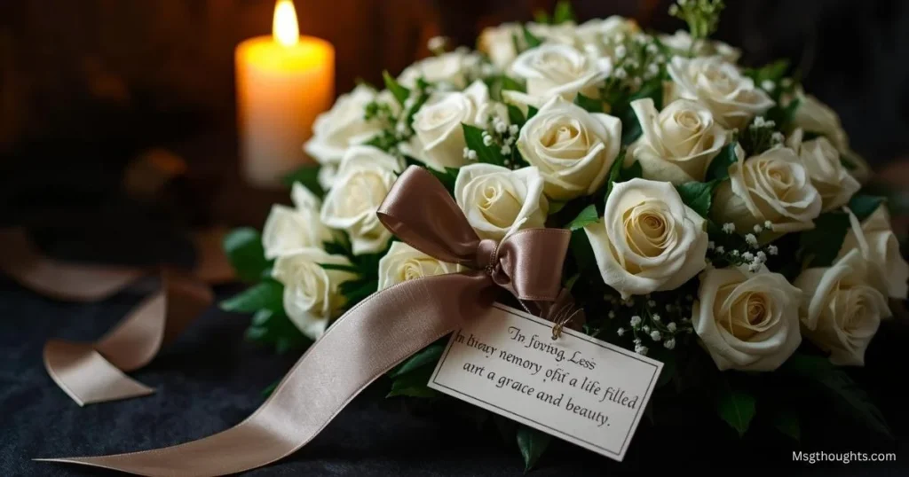 Funeral wreath with sympathy card expressing heartfelt condolences