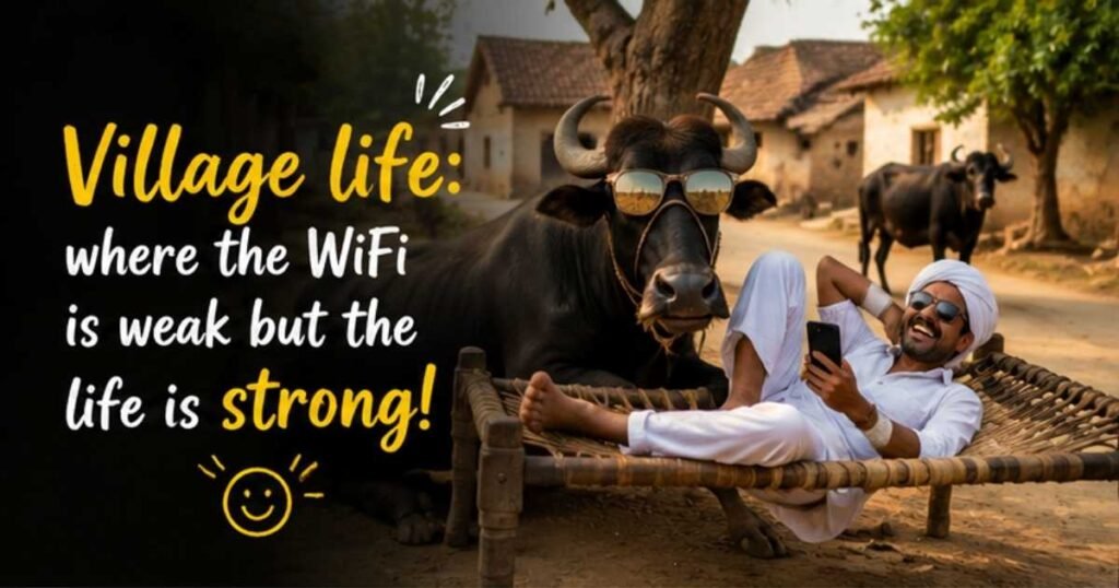 Funny village scene with a hilarious rural life quote and rustic vibes.