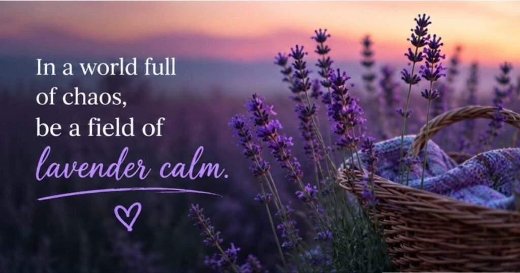 Lavender field sunset with a calming floral quote in aesthetic text.