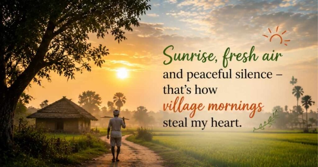 Peaceful village sunrise with a calming morning quote in elegant typography.