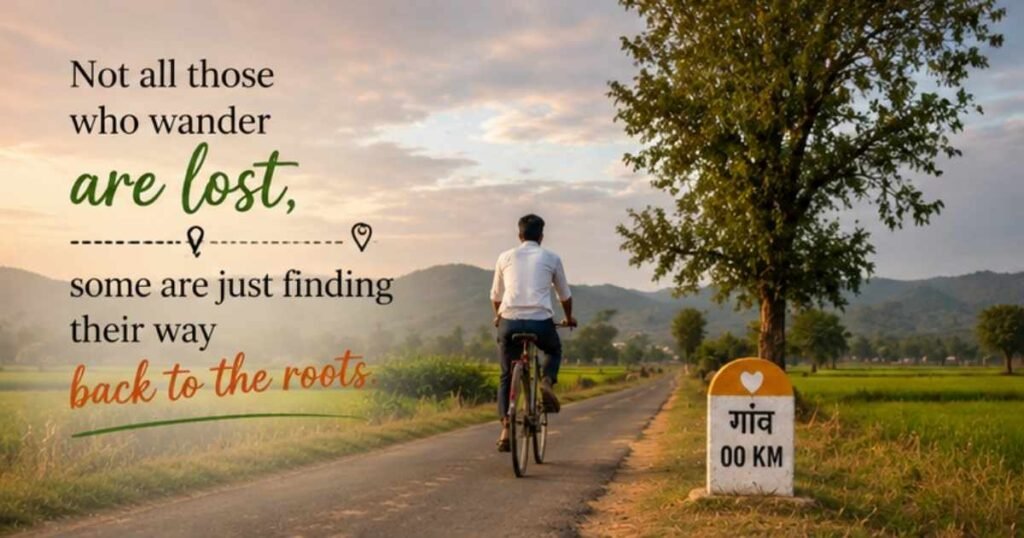 Scenic countryside road with an inspiring travel message for wanderers.