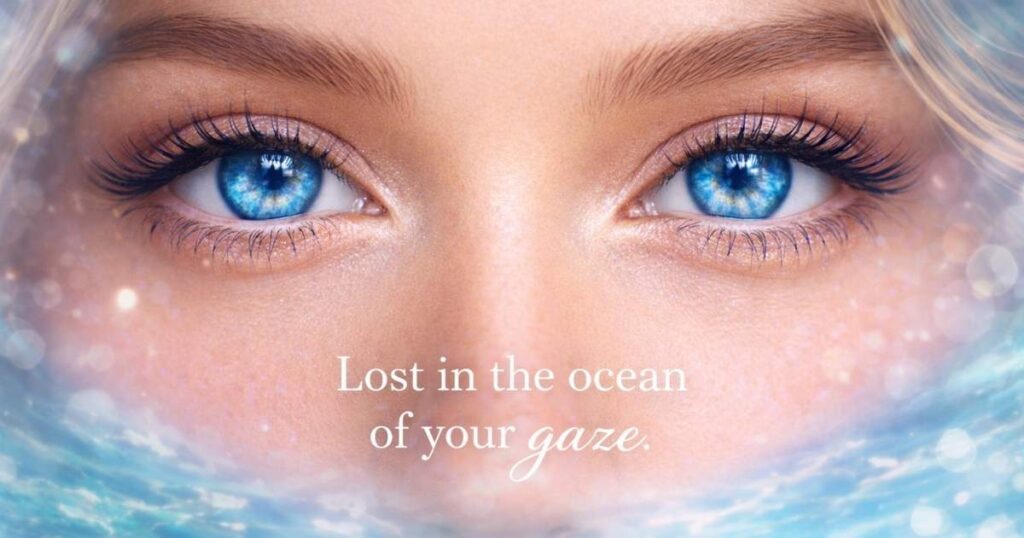 Bright blue eyes sparkling like the ocean, perfect for Instagram posts emphasizing charm, depth, and dreamy aesthetics.
