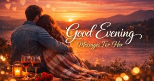 Good evening messages for her with romantic and heart-touching text on a warm sunset background