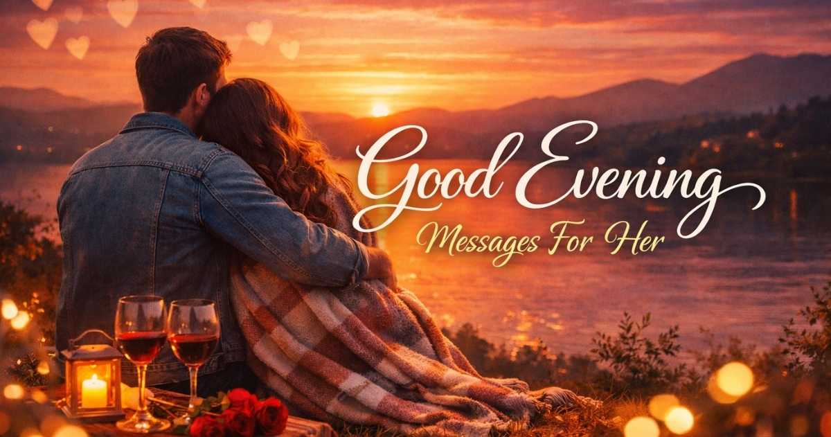 Good evening messages for her with romantic and heart-touching text on a warm sunset background