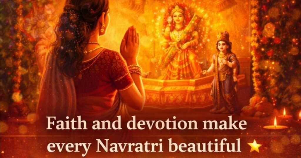 Woman offering prayers during Navratri symbolizing devotion, faith, and spiritual peace