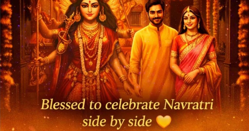 Couple celebrating Navratri together with devotion, tradition, and festive Indian attire