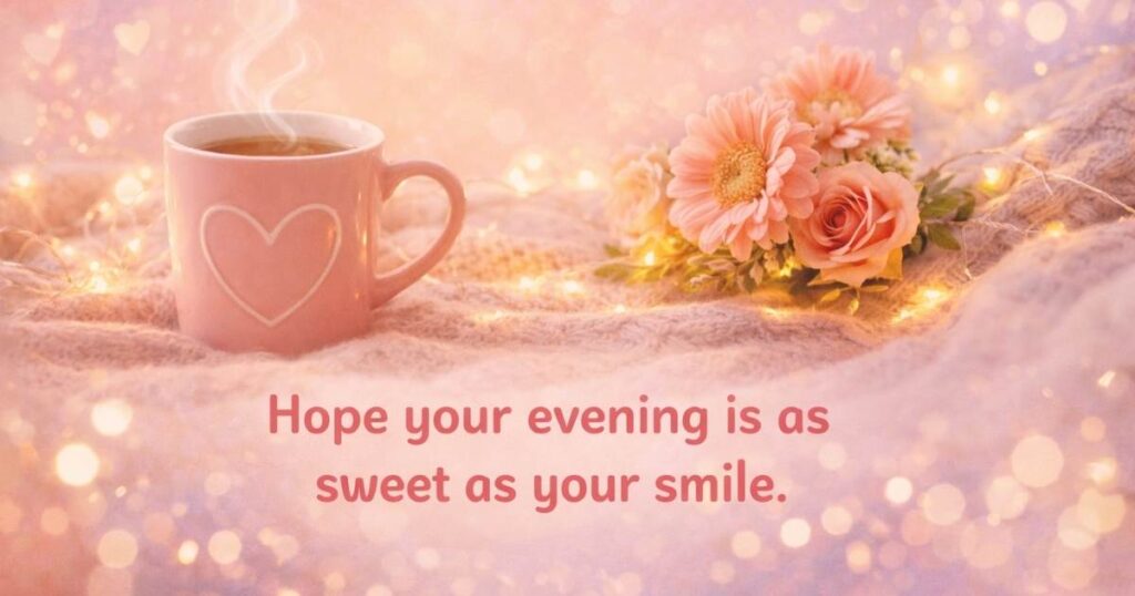 Sweet good evening message for her written on a cozy evening background with soft lights