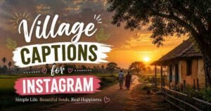Beautiful village sunset landscape with stylish typography and inspiring Instagram caption vibes for rural life lovers.