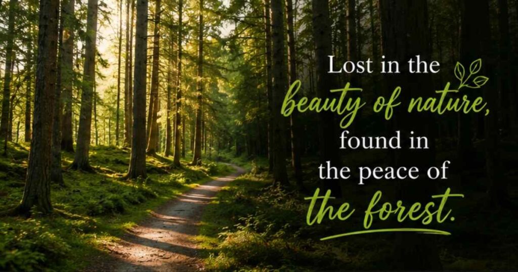Peaceful forest path with calming nature caption text