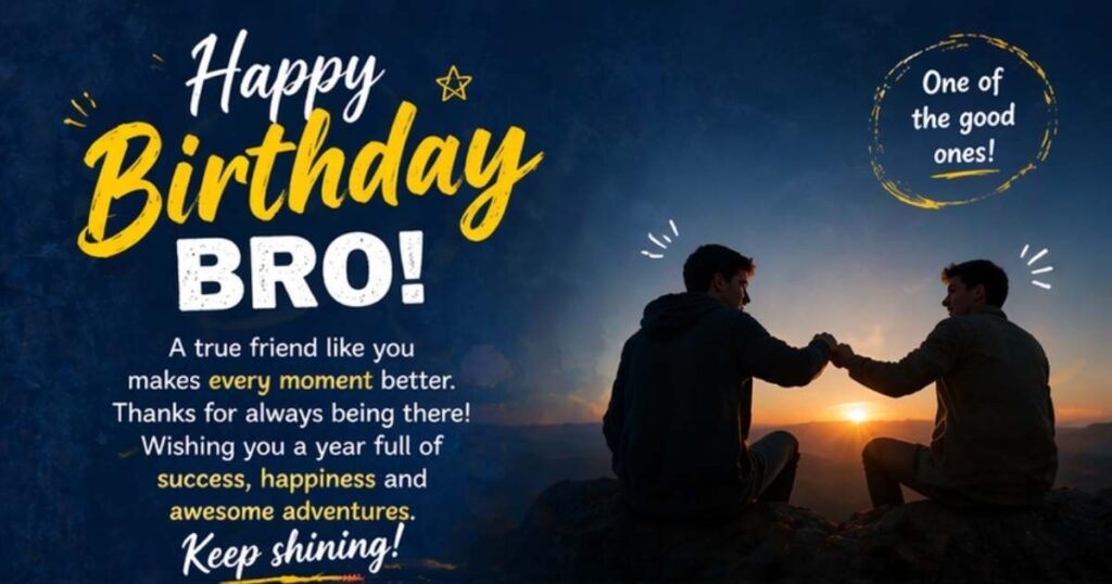 Birthday wishes for best friend male with two friends fist-bumping at sunset and heartfelt message