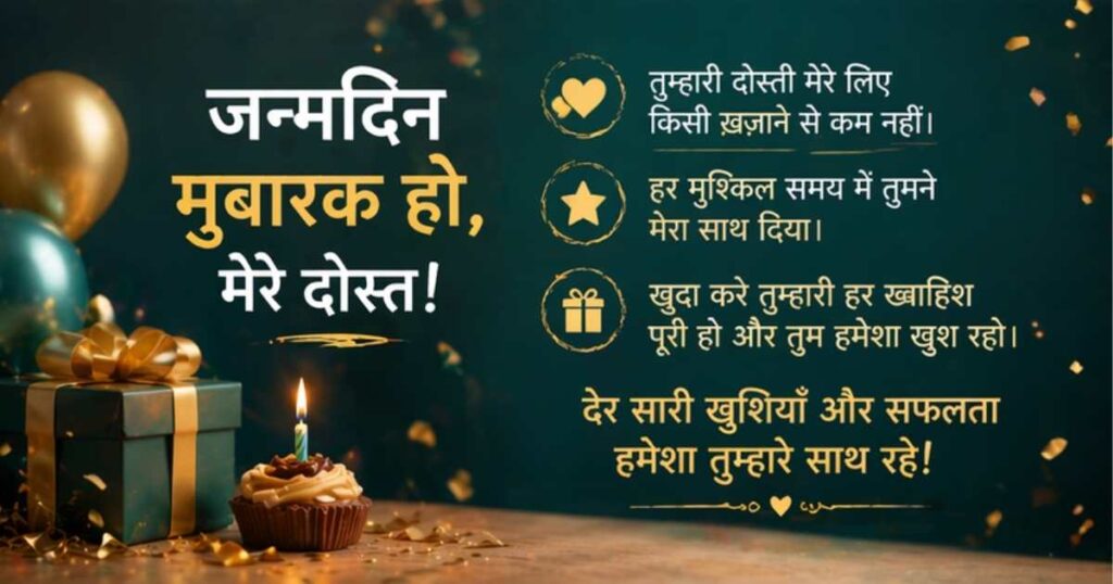 Birthday wishes for friend in Hindi with elegant festive theme, gift box, and candle design