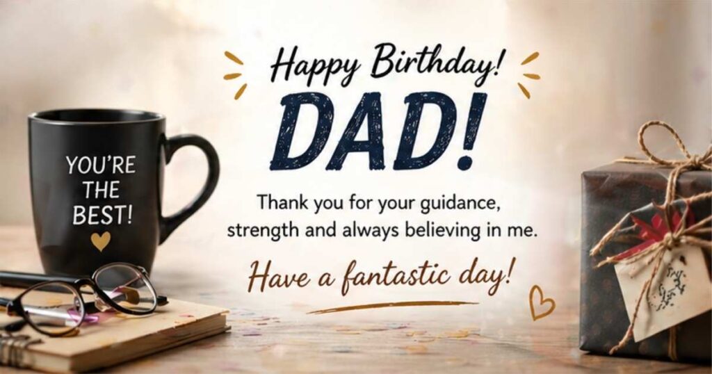 Warm birthday wish with coffee mug and gift for dad