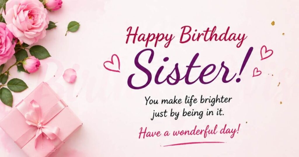 Cute birthday message with flowers and gift for a loving sister