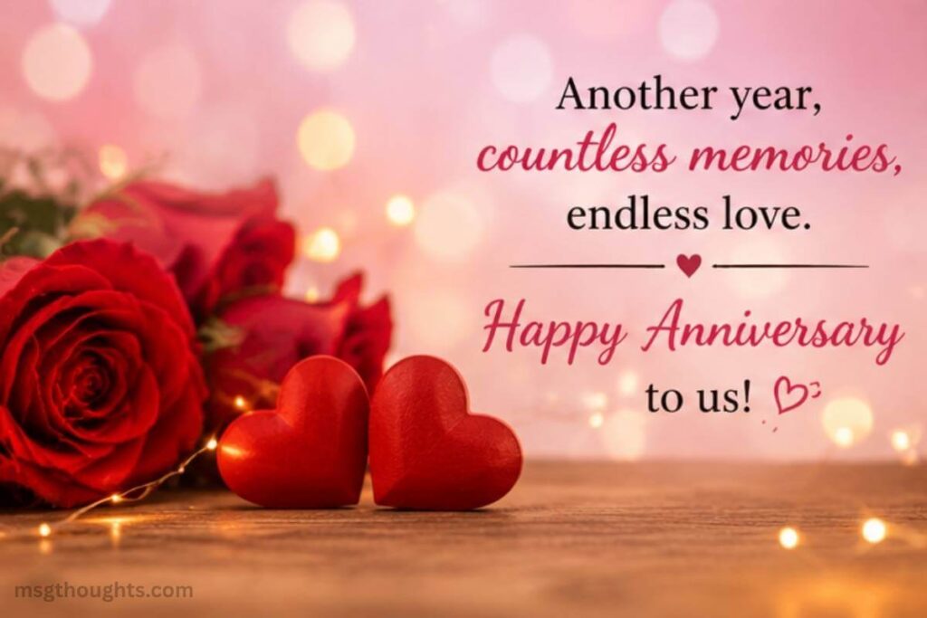 Anniversary love quote image with romantic roses and heartfelt couple celebration caption