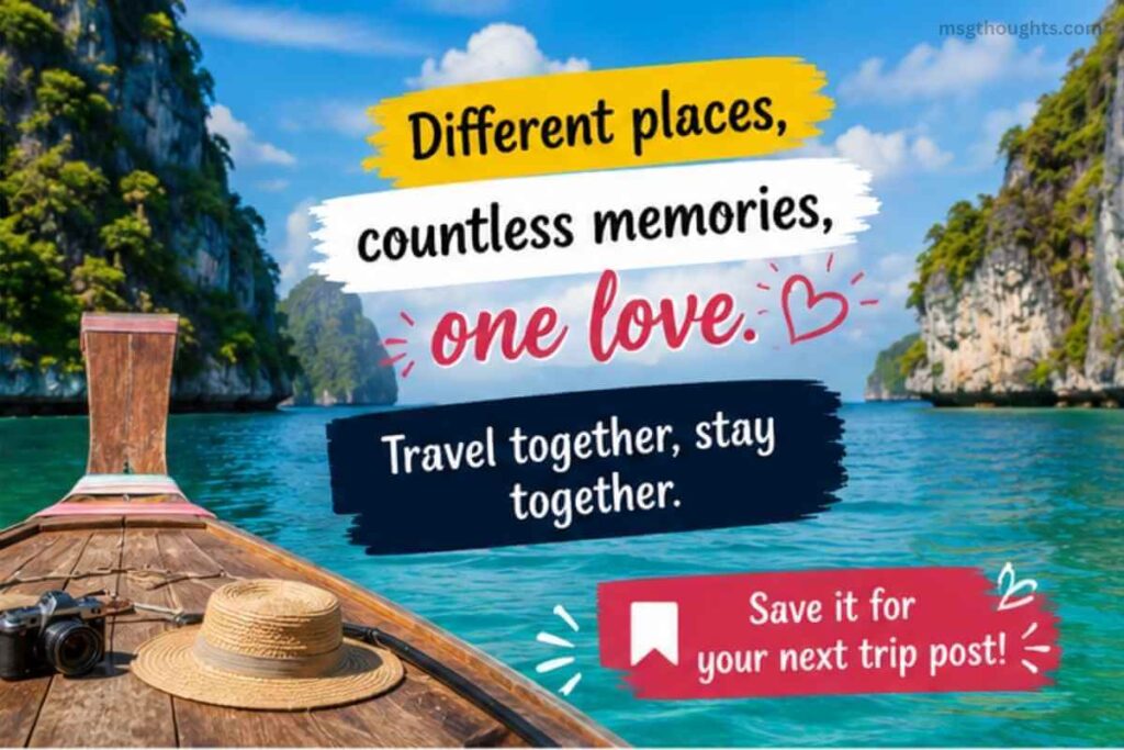 Couple travel caption tropical vacation image with romantic getaway quote and save-worthy CTA