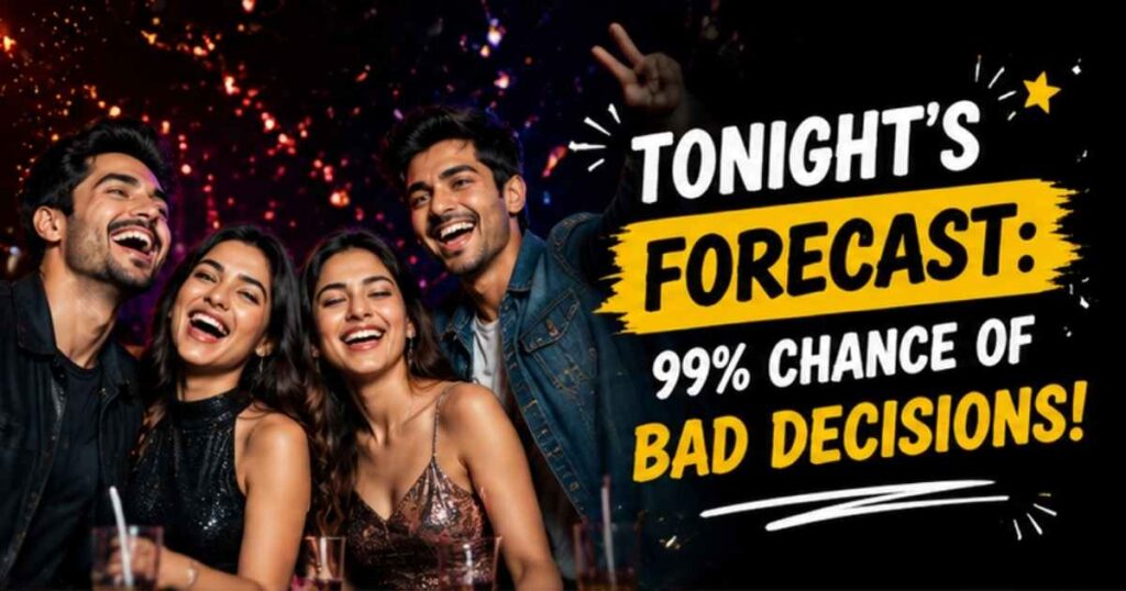 Friends partying at night with a funny bad decisions quote for epic night out Instagram posts