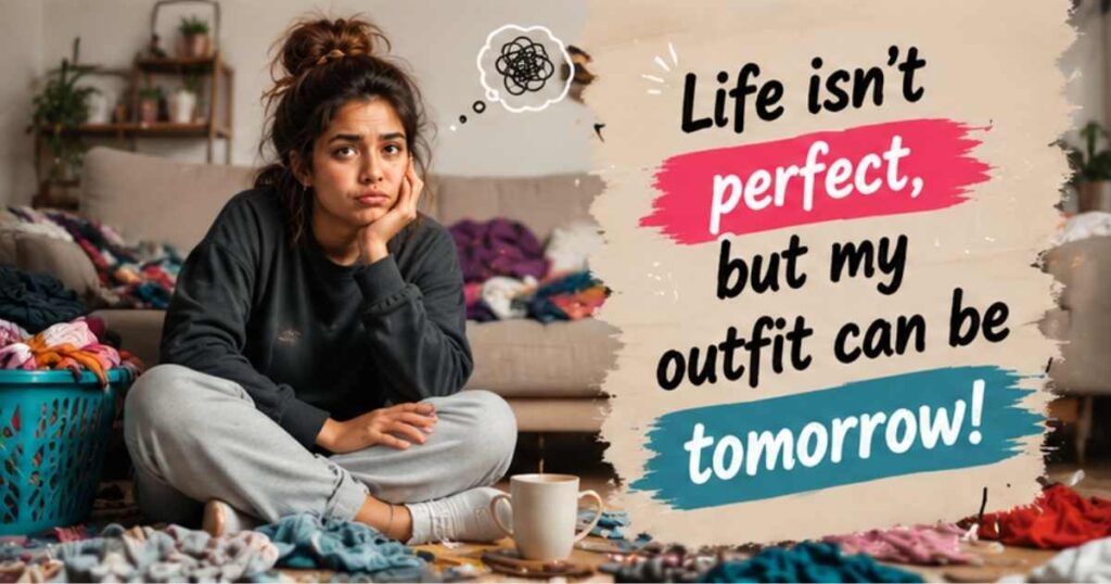 Messy room and stressed girl with relatable funny life quote for chaotic Instagram moments