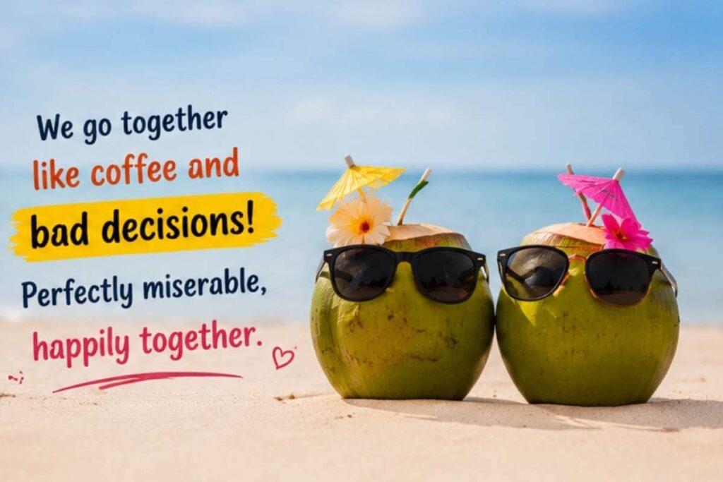 Funny couple caption beach image with playful relationship quote and cute summer vibes
