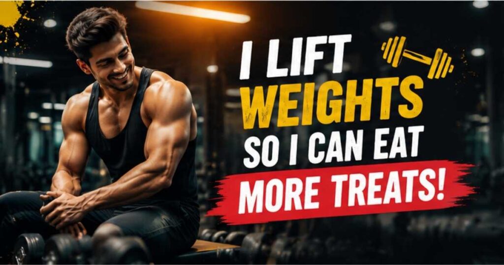 Muscular guy lifting weights with a hilarious gym motivation quote for fitness Instagram captions