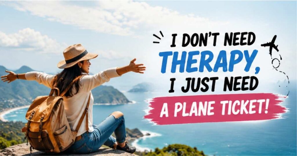 Happy traveler enjoying scenic mountains with a funny travel quote for adventure Instagram posts