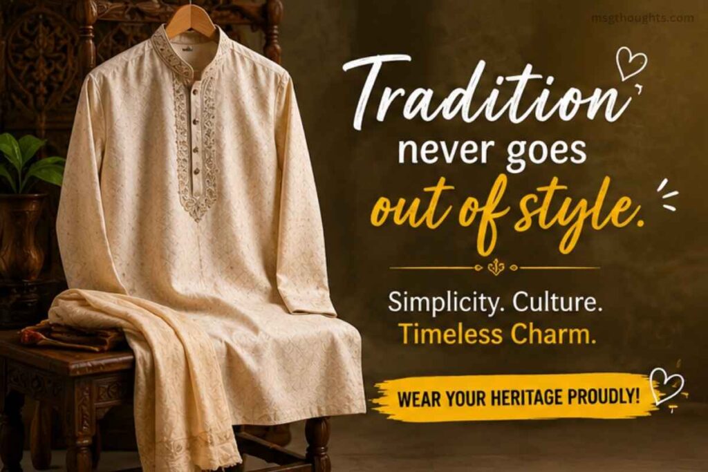 Elegant kurta outfit quote image with timeless traditional fashion vibes for Instagram
