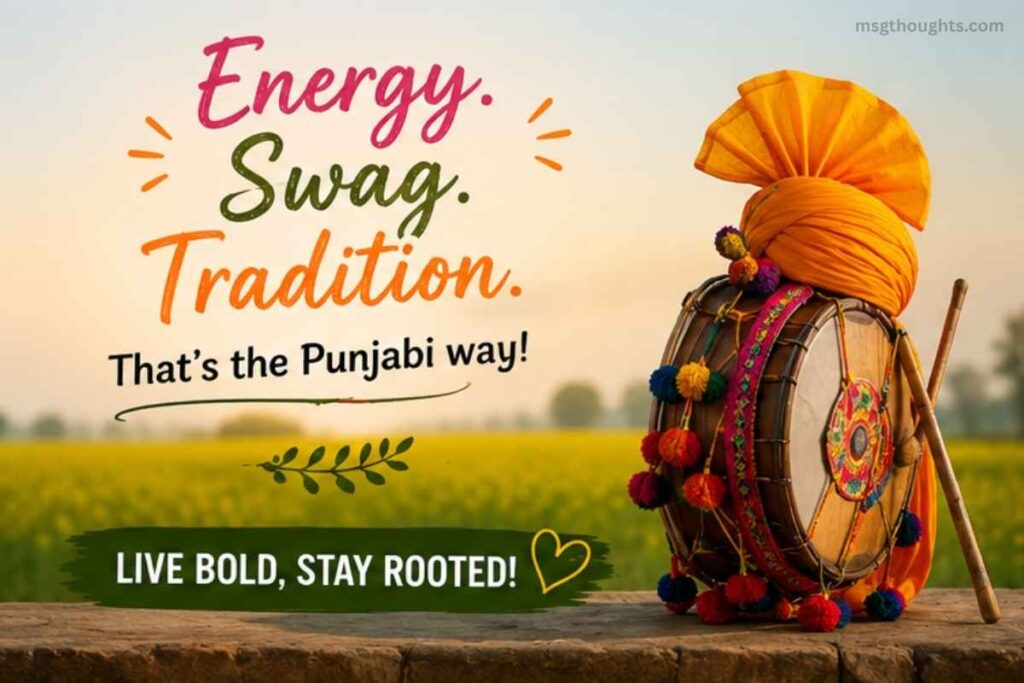 Punjabi traditional swag image with dhol vibes and bold cultural caption for Instagram