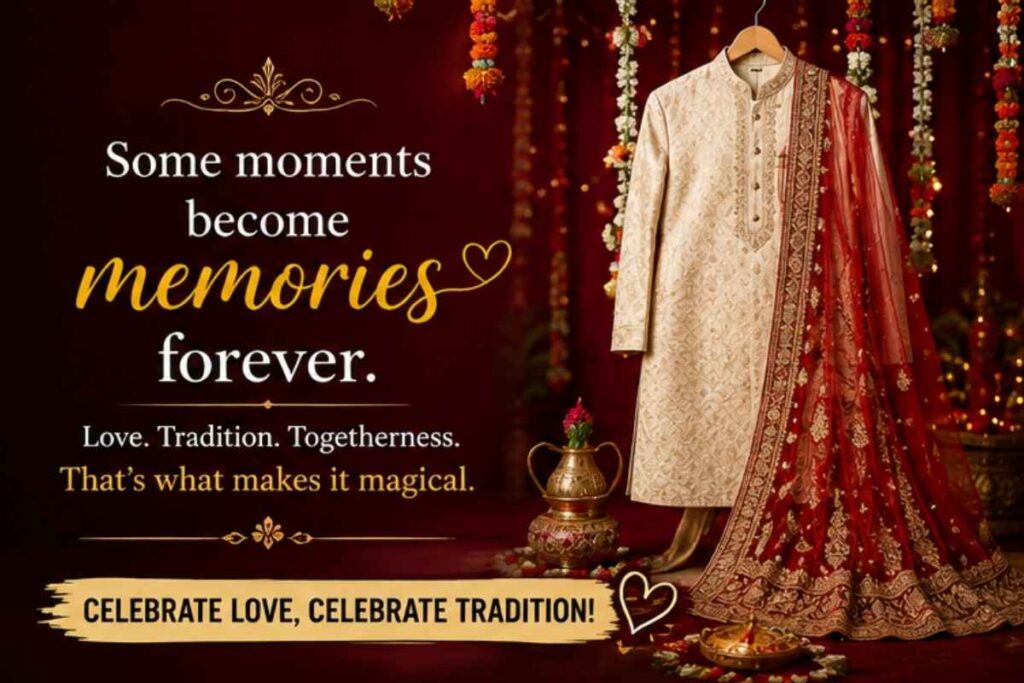 Traditional wedding caption image with royal bridal outfit and cultural celebration quote