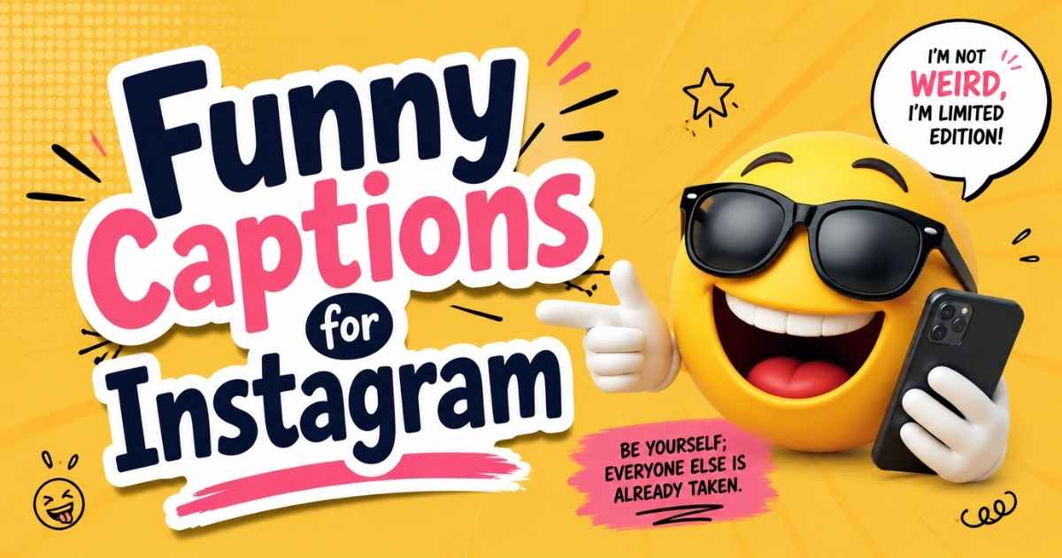 Funny emoji with cool sunglasses and hilarious Instagram caption quote for viral social media posts